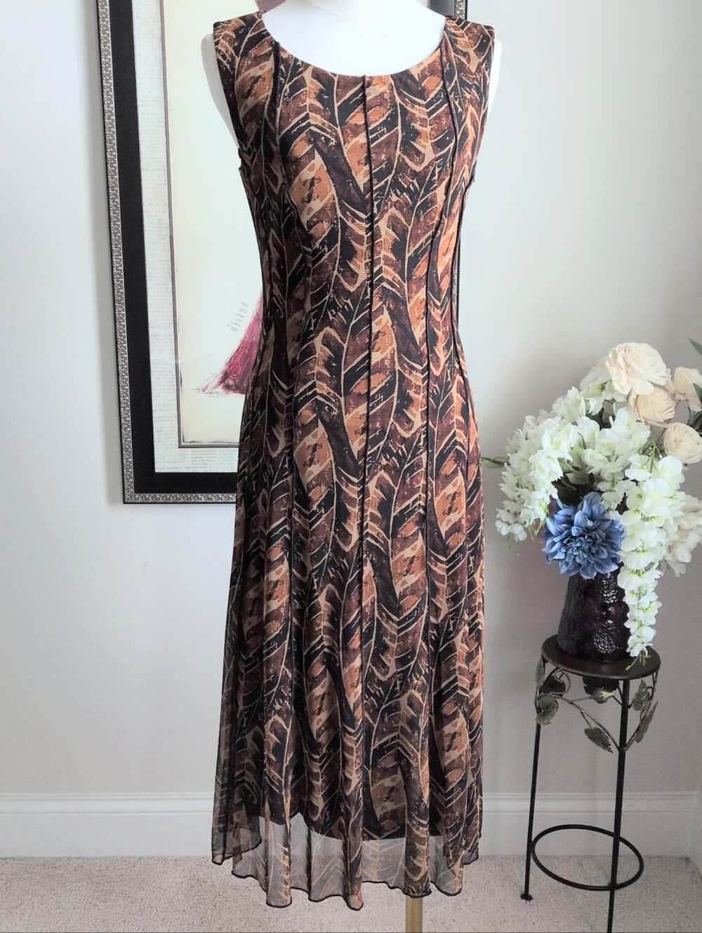 Connected Apparel Brown Leaf Print Midi Dress Size 4